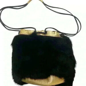 Foley & Corinna Faux Fur Black Handbag Purse Gold trim Special Occasion Fun